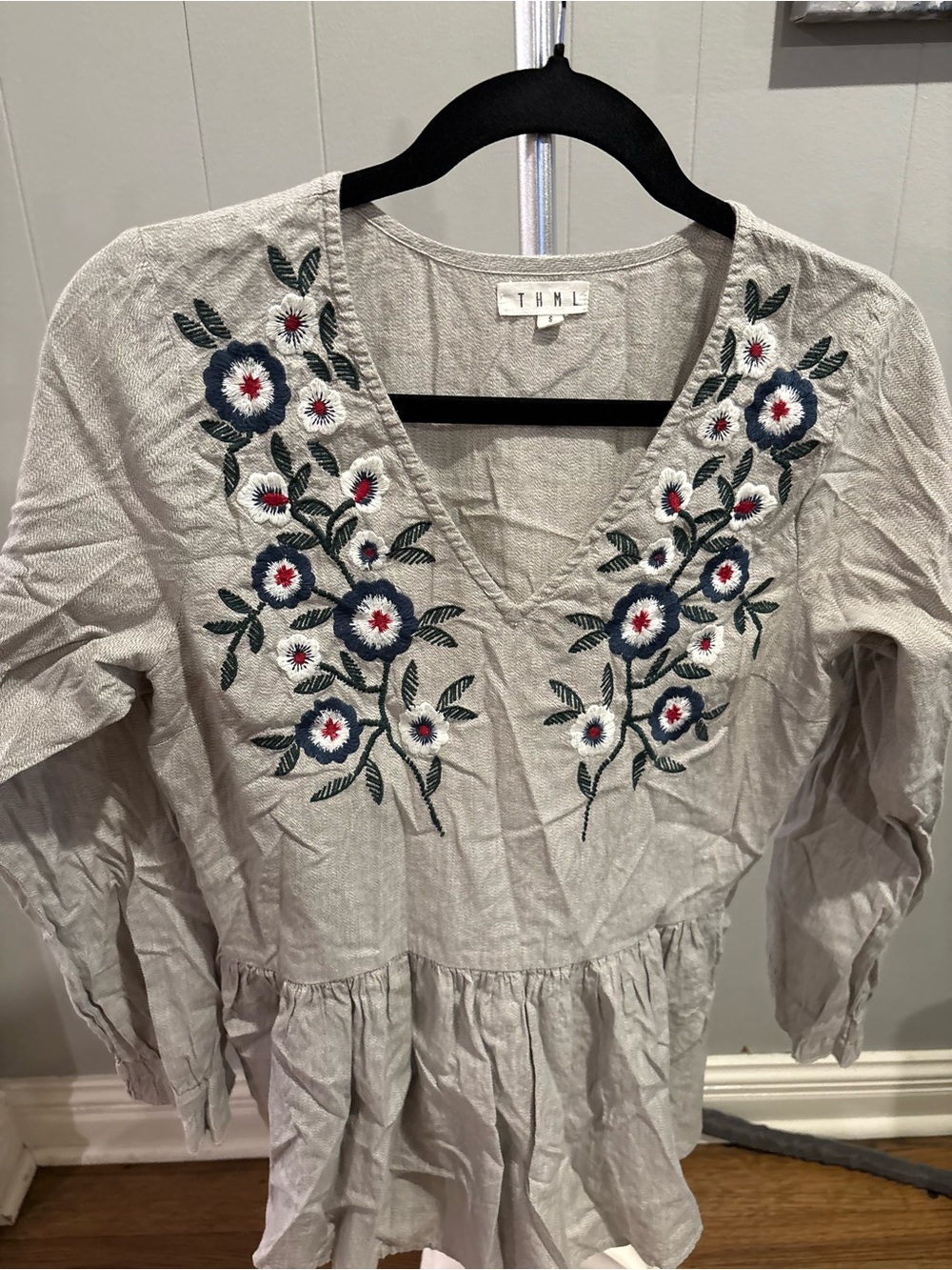 THML Cream V-Neck Tunic with Embroidered Floral Detail
